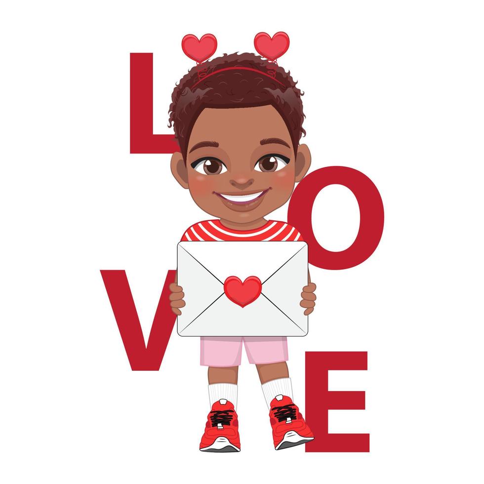 Valentine s day with American African little boy holding love letter cartoon character design vector