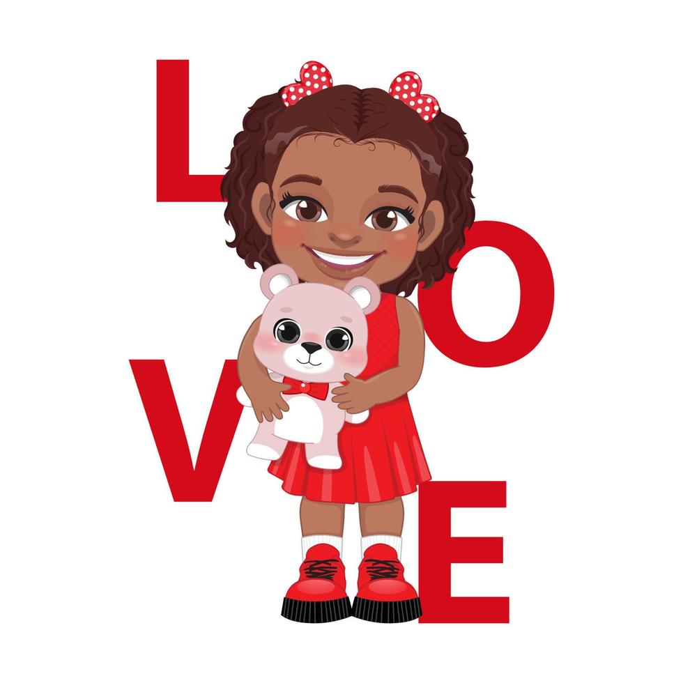 el día de san valentín con una niña africana americana sosteniendo un lindo oso de peluche vector de diseño de personajes de dibujos animados