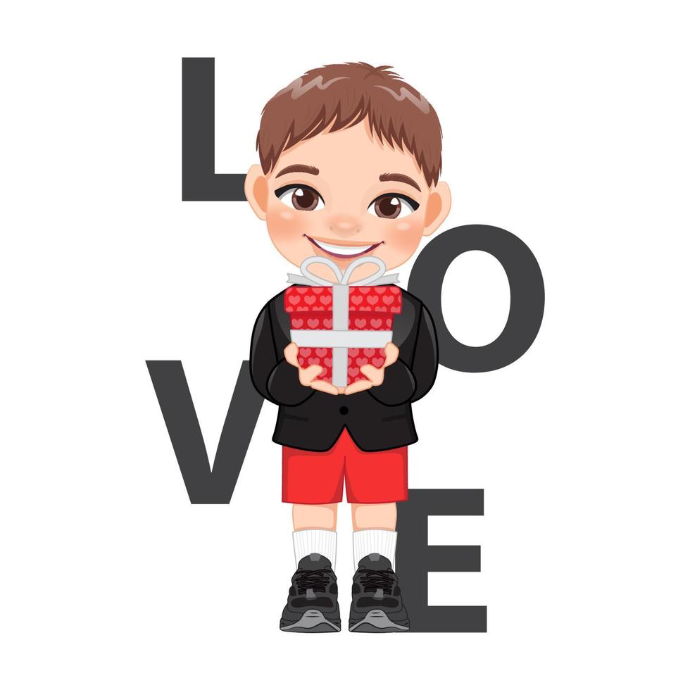 Valentine s day with little boy holding gift box cartoon character design vector