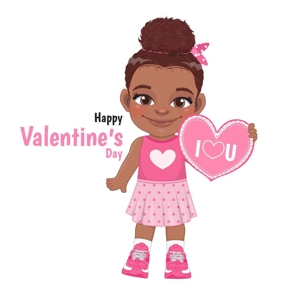 día de san valentín con una niña africana americana sosteniendo un cartel de corazón vector de diseño de personajes de dibujos animados