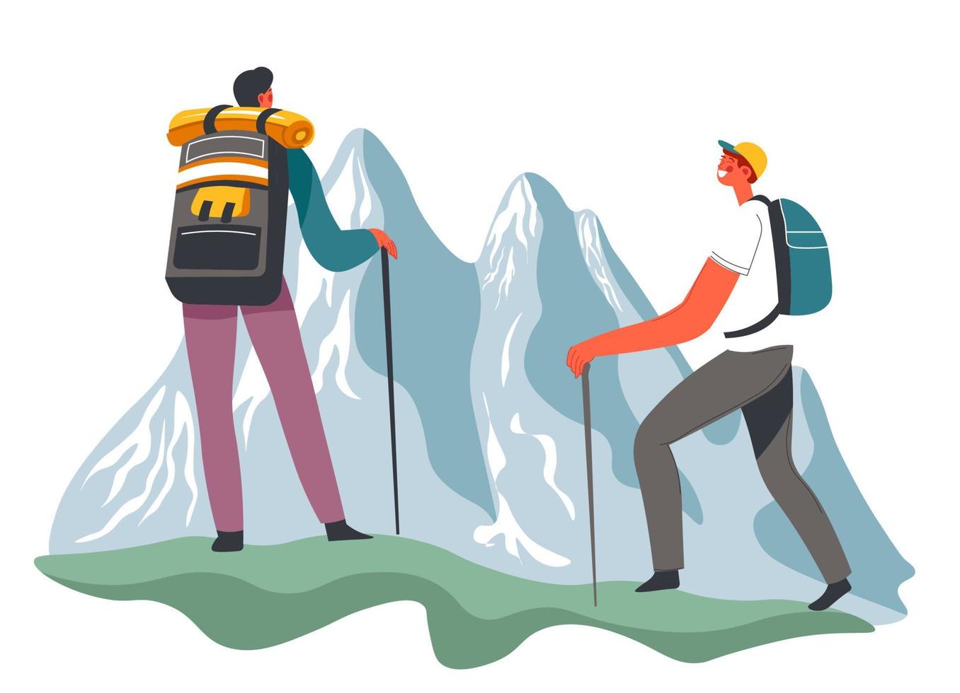 Hiking and traveling with backpacks in mountains vector