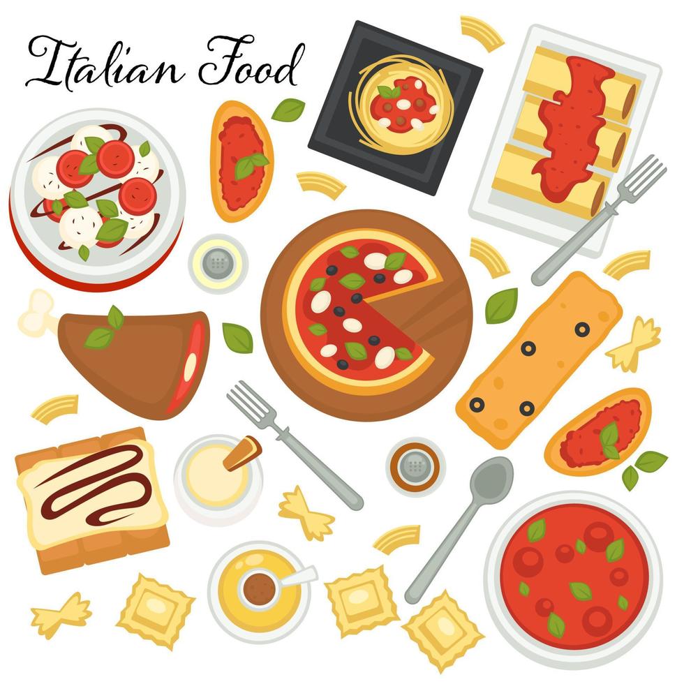 Italian cuisine of european country, menu with pasta, pizza and desserts. Served sweets, snacks and pastries with cream, vector in flat style