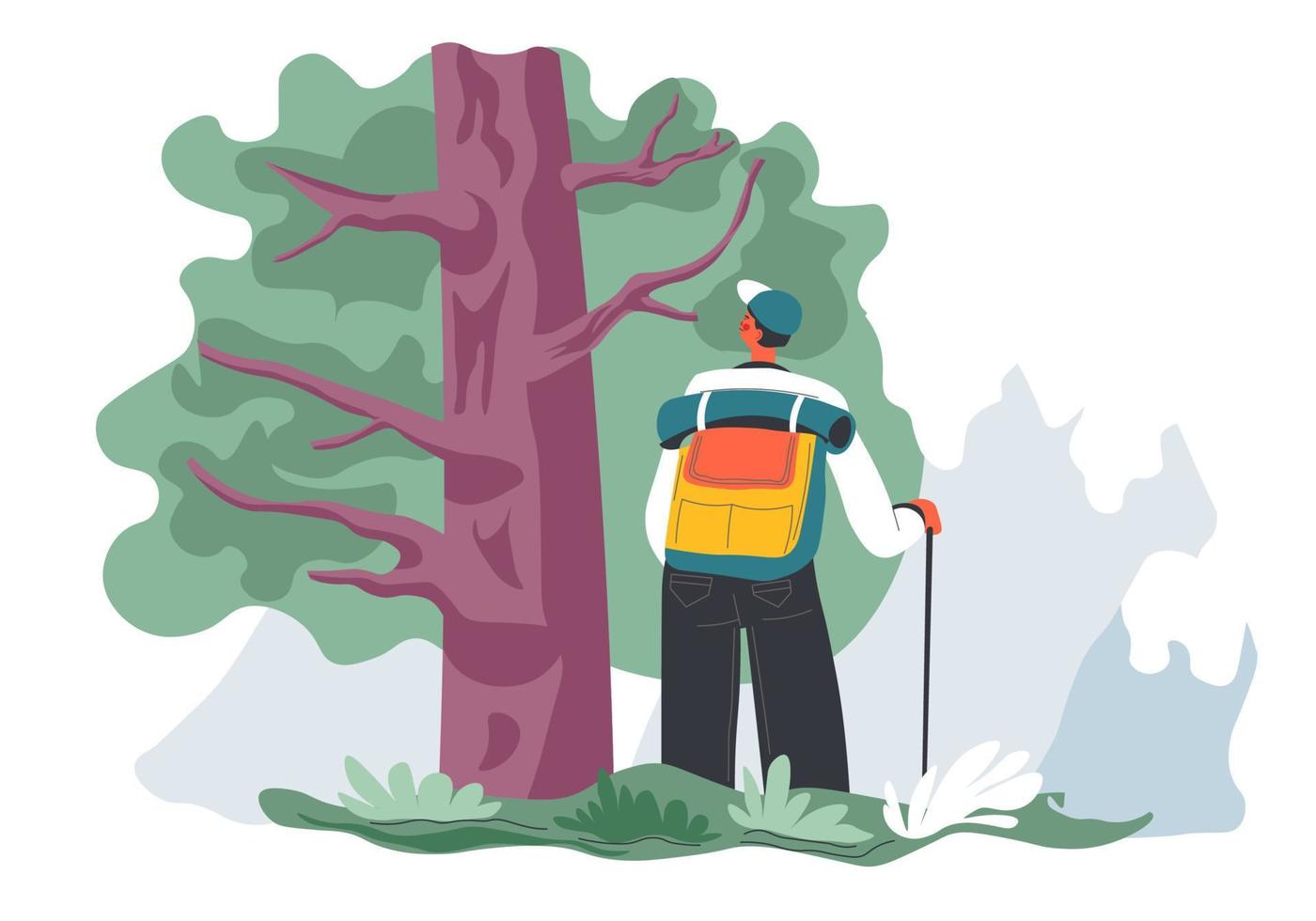 Traveling and hiking in wood forest with backpack vector