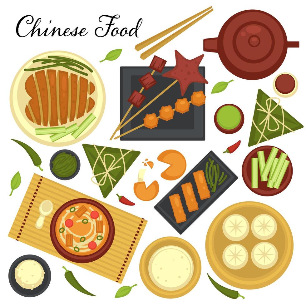 Chinese cuisine menu, set of dishes and traditional recipes from Asian country. Soups and meat on plates served with veggies and chopsticks vector