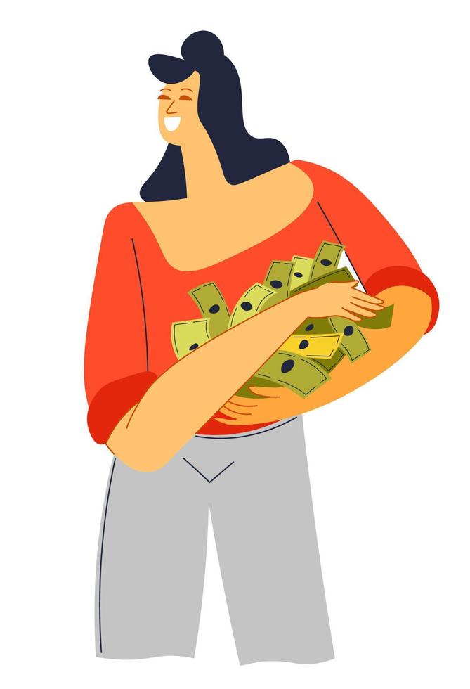 Happy rich woman holding pile of money banknotes vector