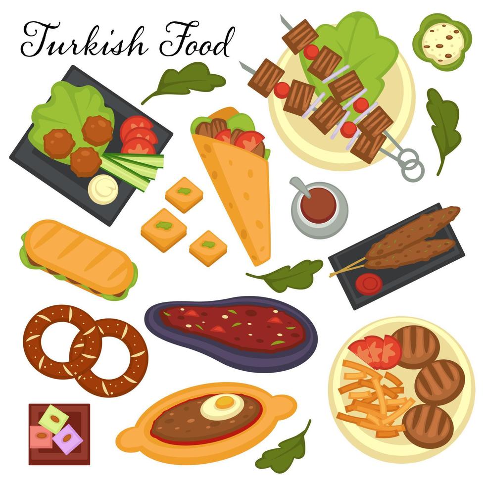 colección de platos de cocina turca cena y almuerzo. comidas a base de verduras y carne, kebab y menemen a base de huevo vector