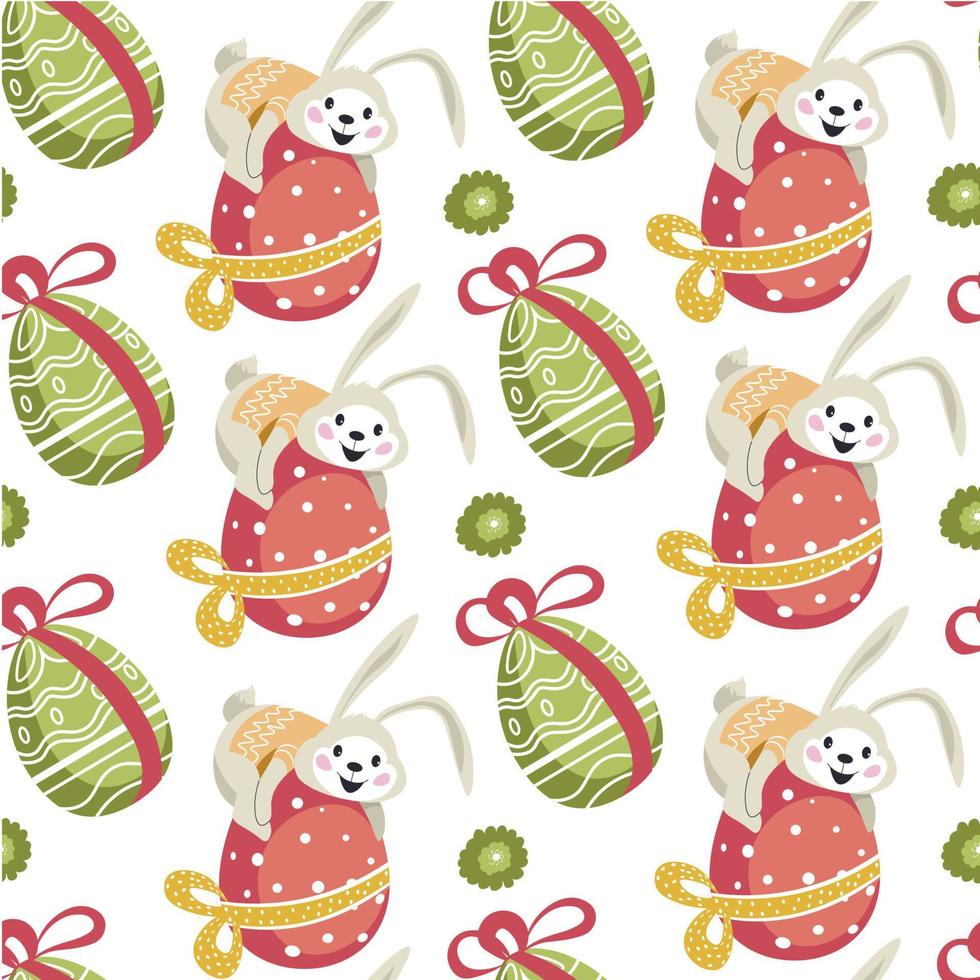 Easter bunny sitting on decorative egg seamless pattern vector