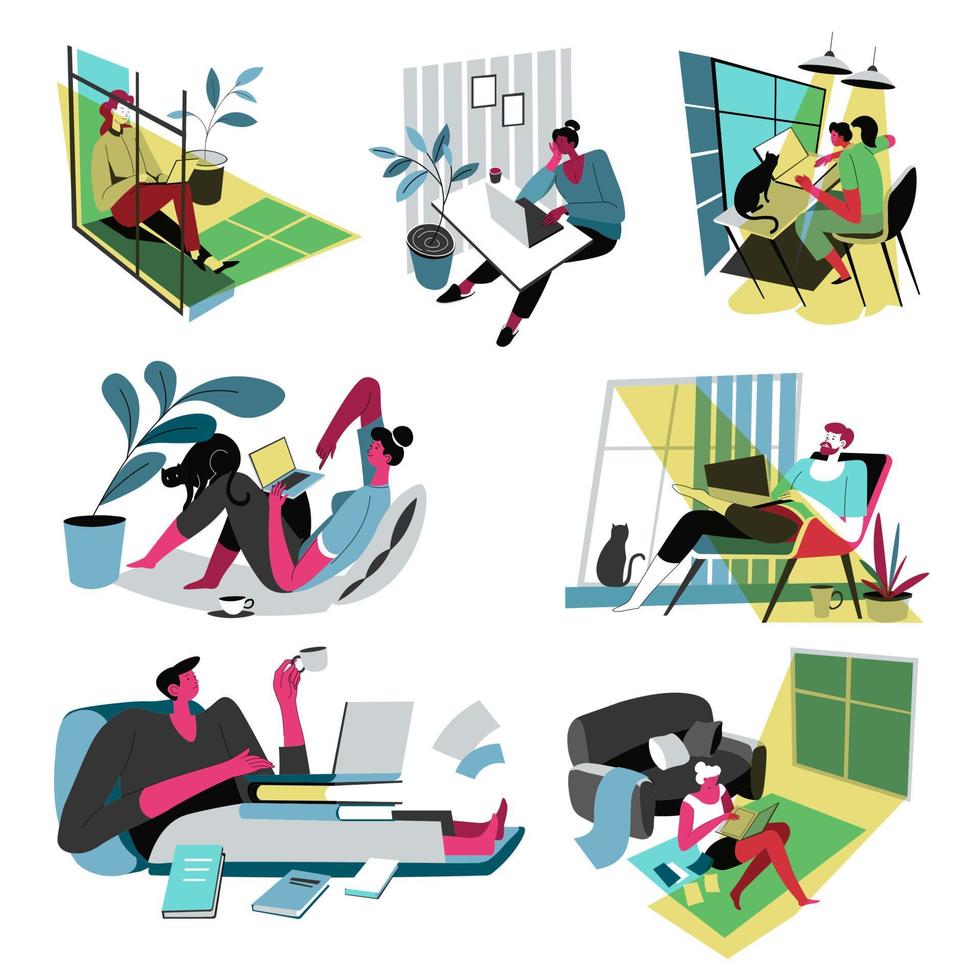 Freelance people working from home using laptop vector