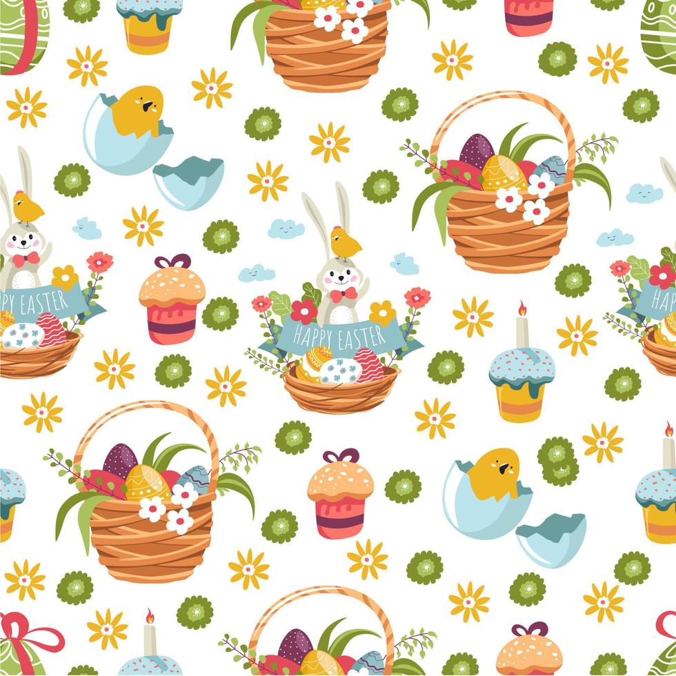 Easter basket with flowers, eggs and cake seamless pattern vector