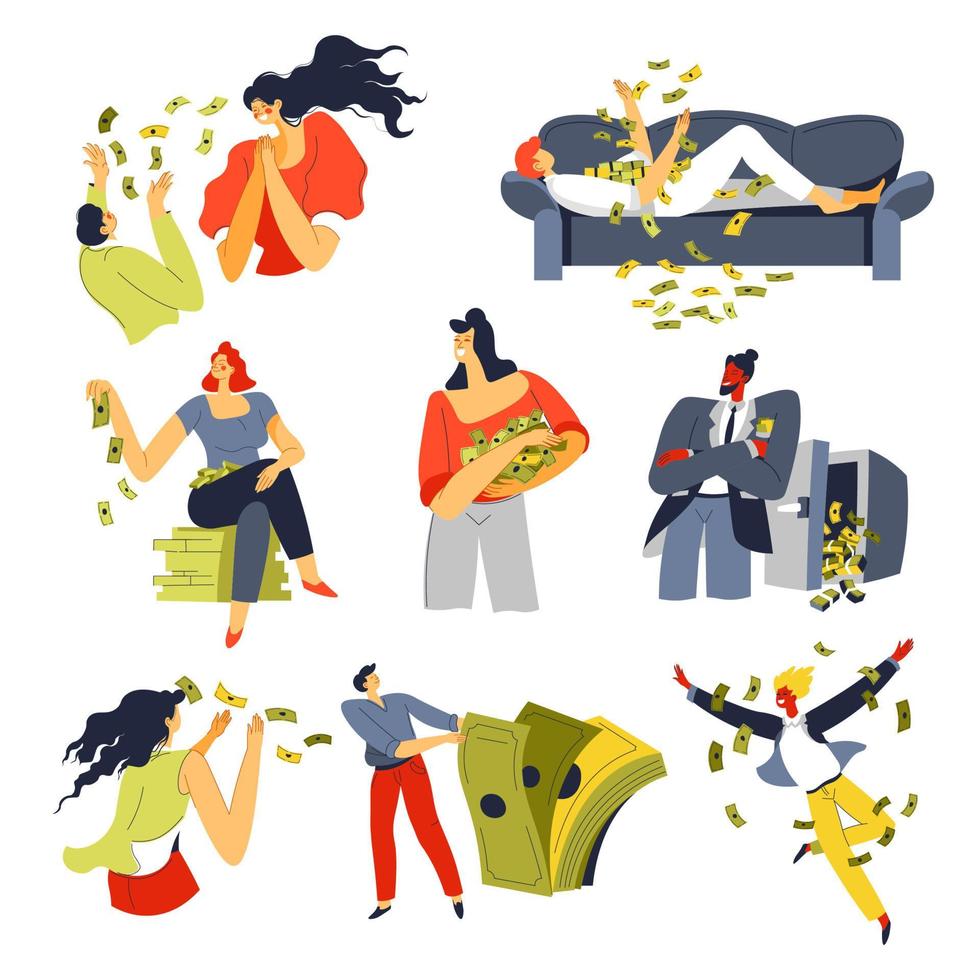 Rich and wealthy people boasting money and cash vector