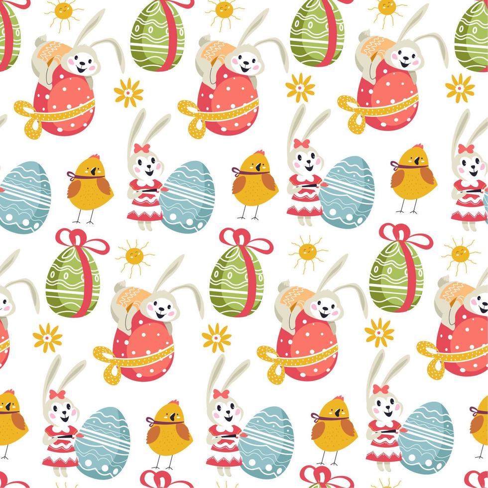 Easter bunny on decorated egg with ribbon seamless pattern vector
