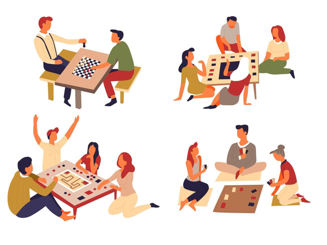 Domino and chess table games play cards and jenga vector isolated characters teams