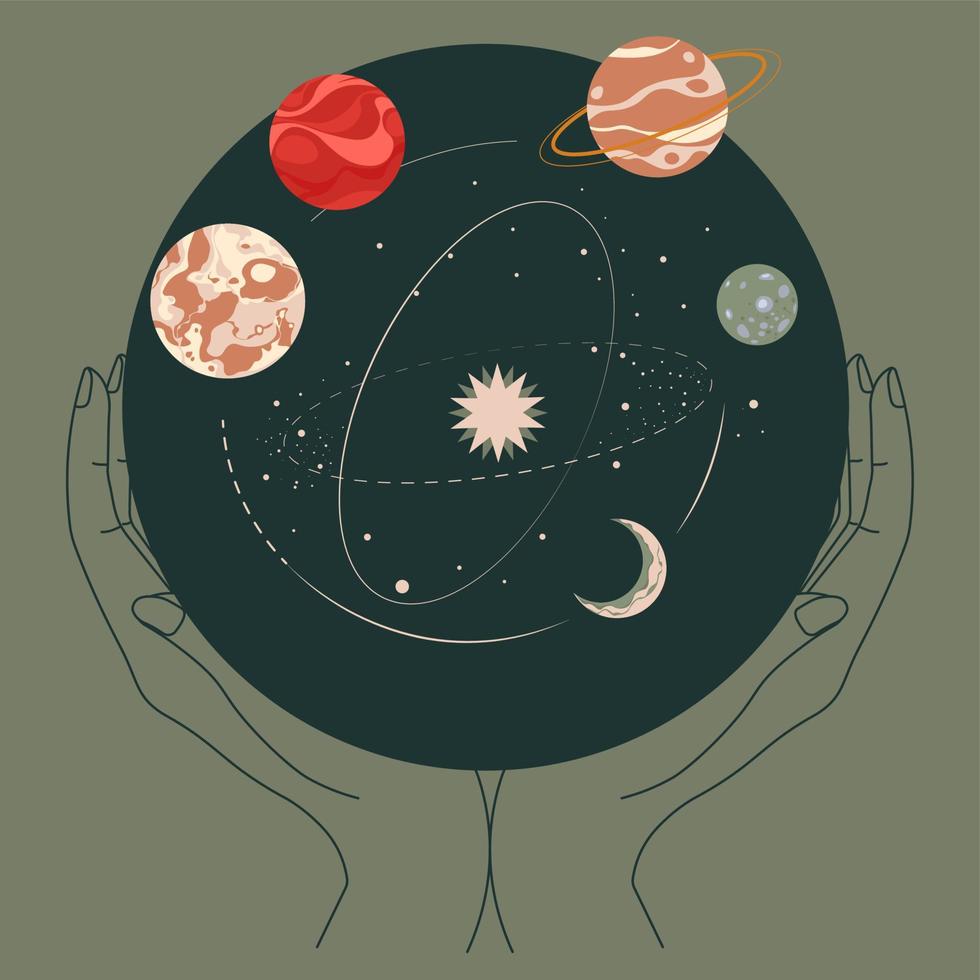 Hands holding solar system planets in ball, cosmos vector