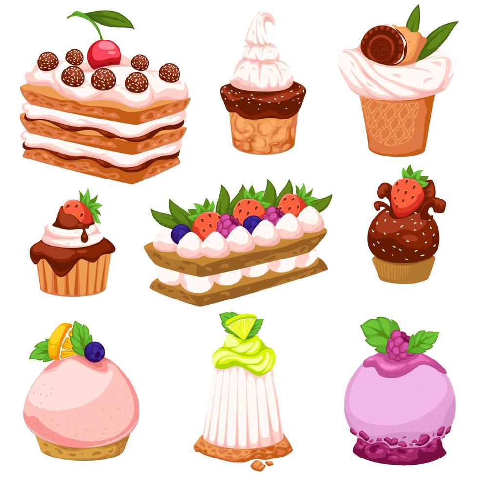 Bakery products, desserts and sweets, fruit cakes vector