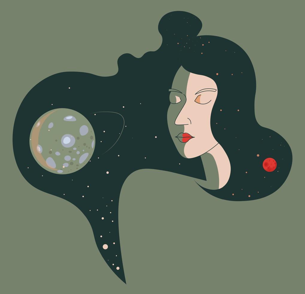 Female portrait and moon planet in cosmos vector