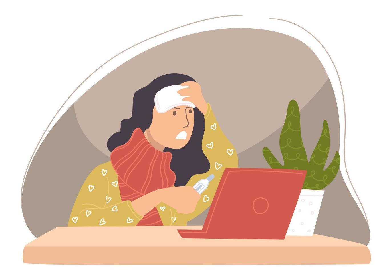 Sick personage working by laptop, student studying vector