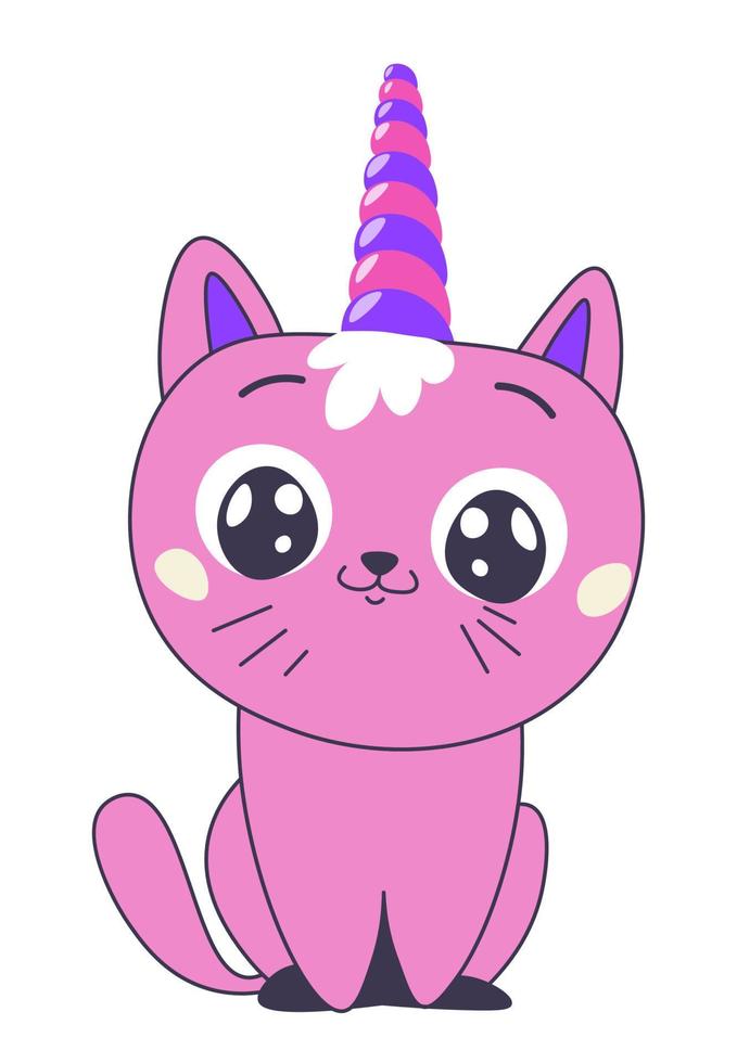 Cute kitty with unicorn horn, horned car with smile vector