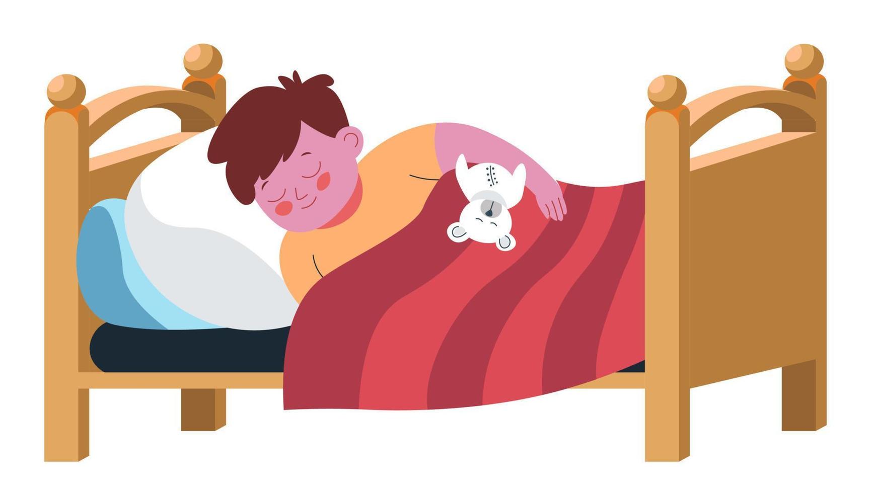 Child boy sleeping in bed, holding toy vector