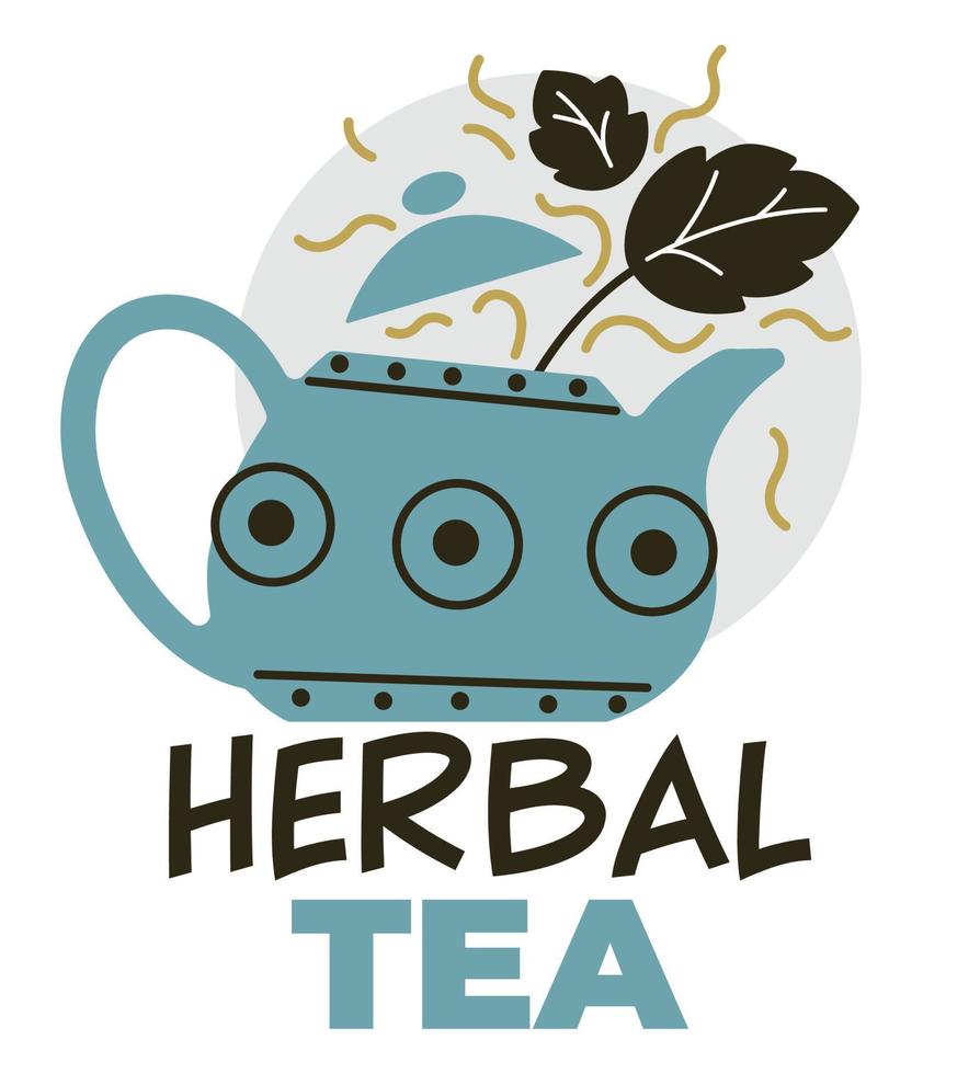 Herbal tea, teapot with mint leaves label vector