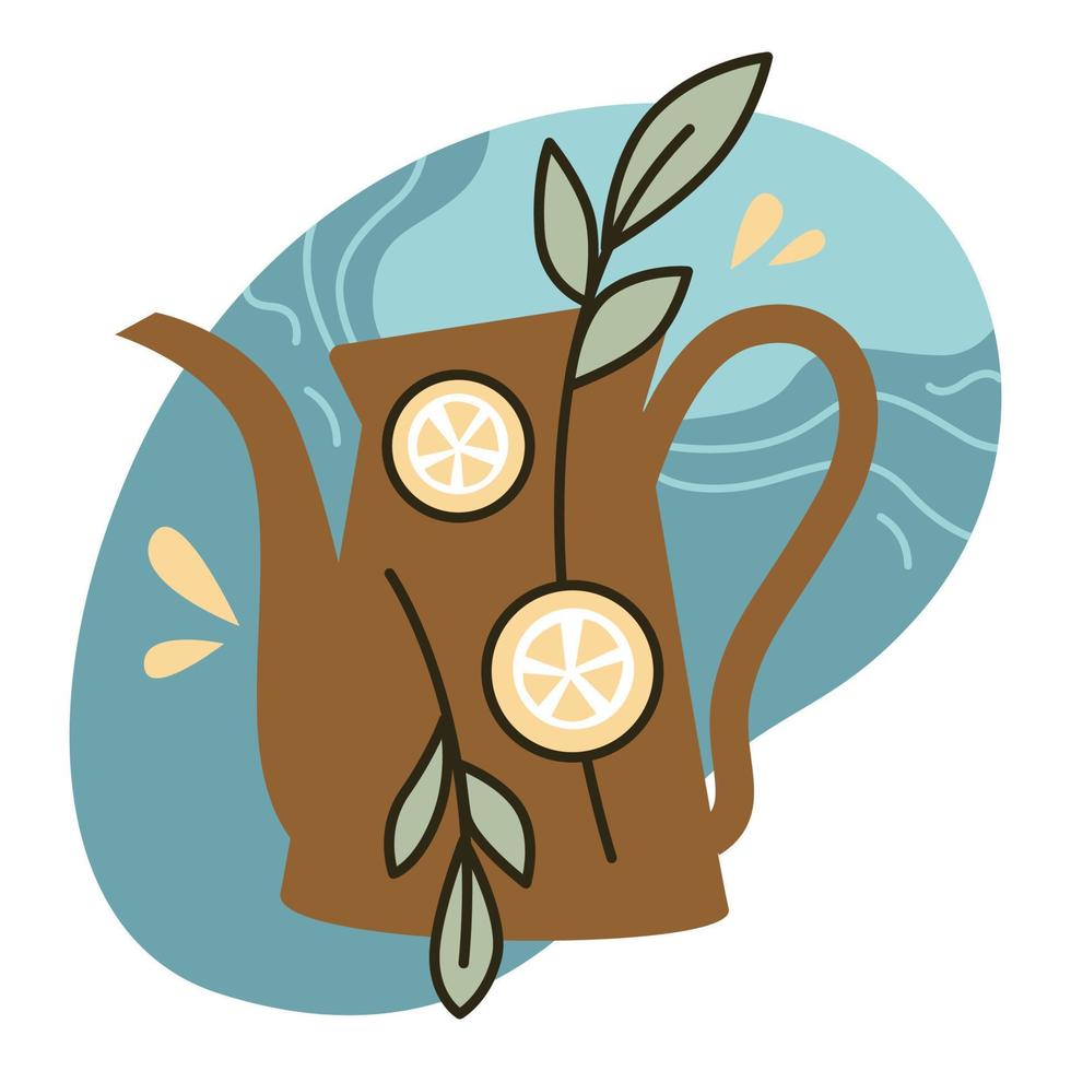 Herbal tea, kettle with lemon slices and leaves vector