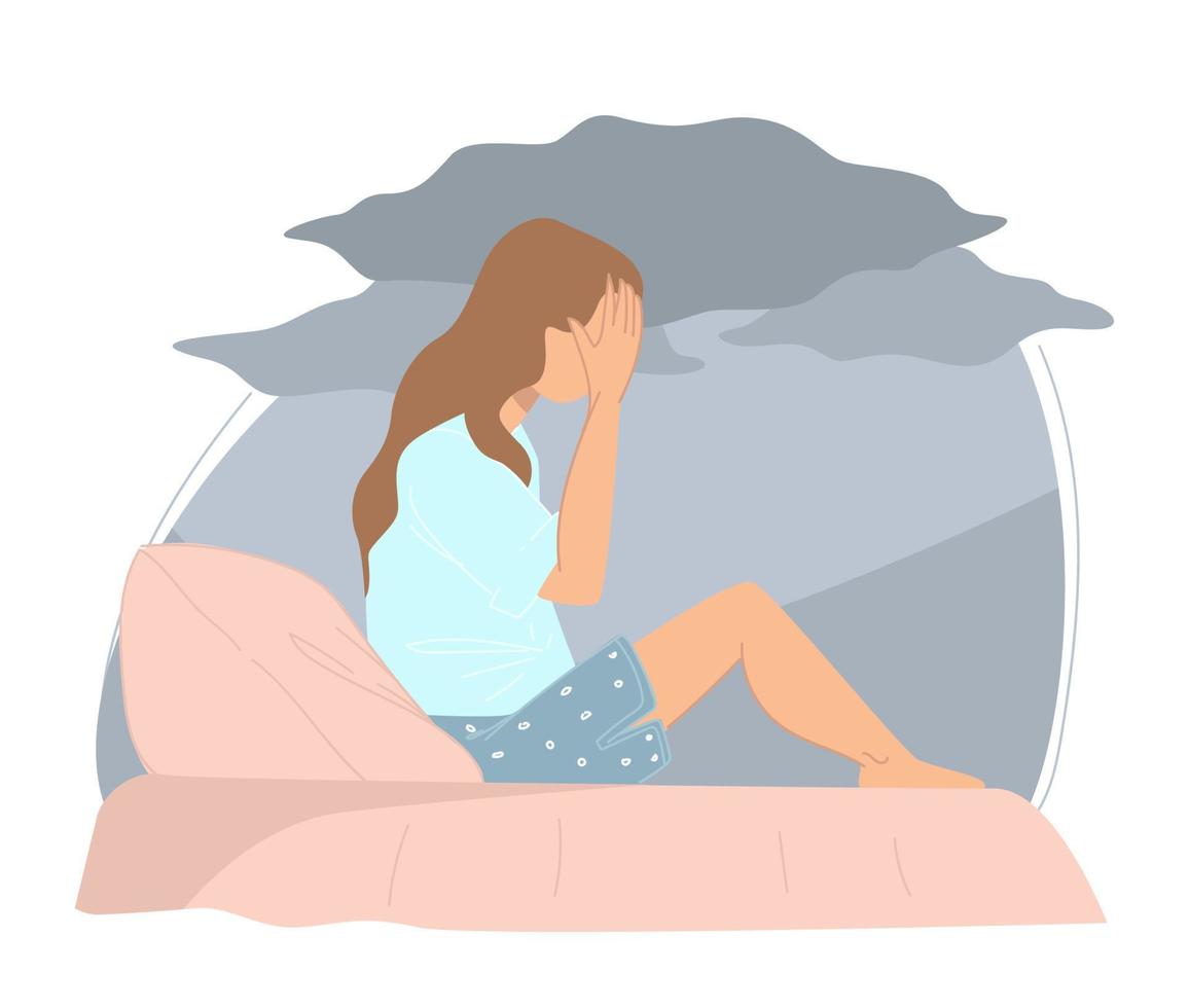 Depressed woman crying on bed, pensive lady vector