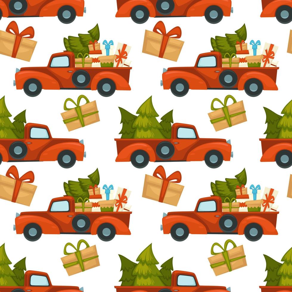 coche camión con pino y patrón de regalos vector