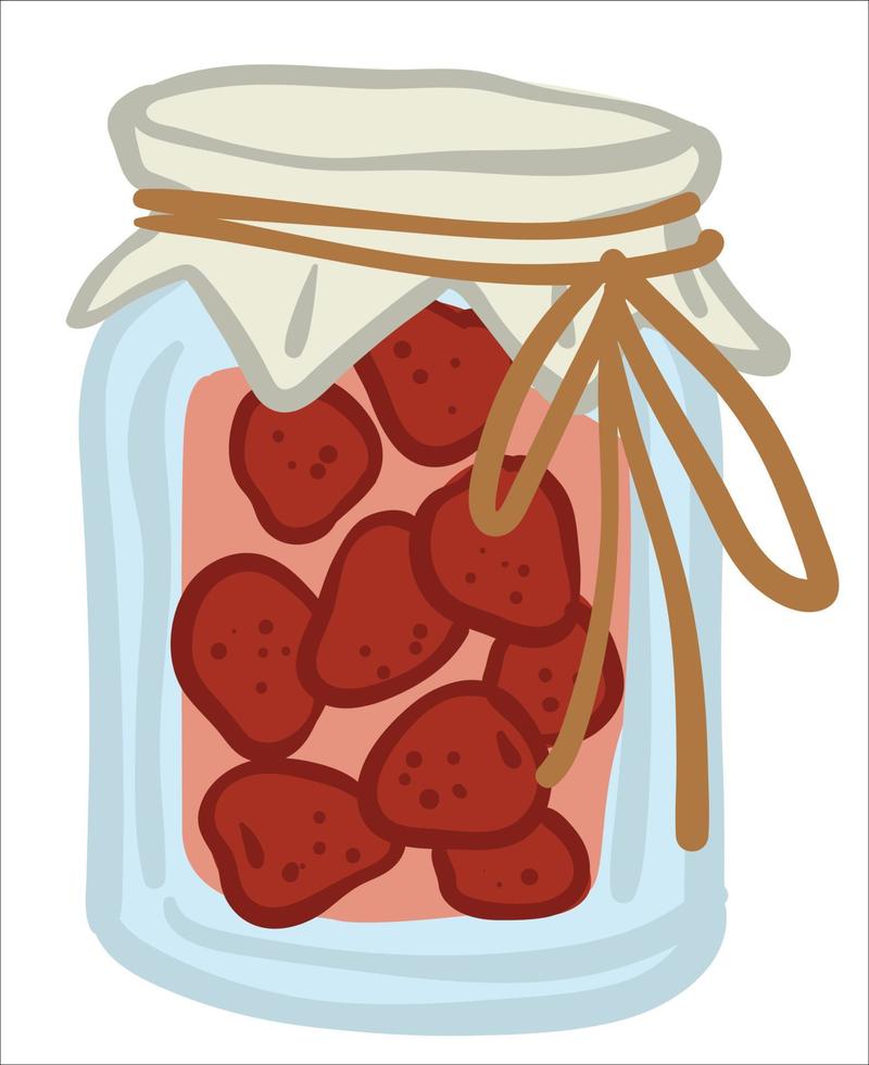 Preserved strawberries in jar, sweet jam vector