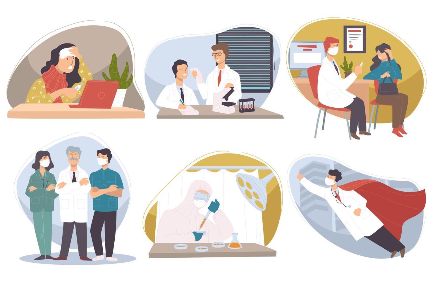 Team of doctors, medical workers with patients vector