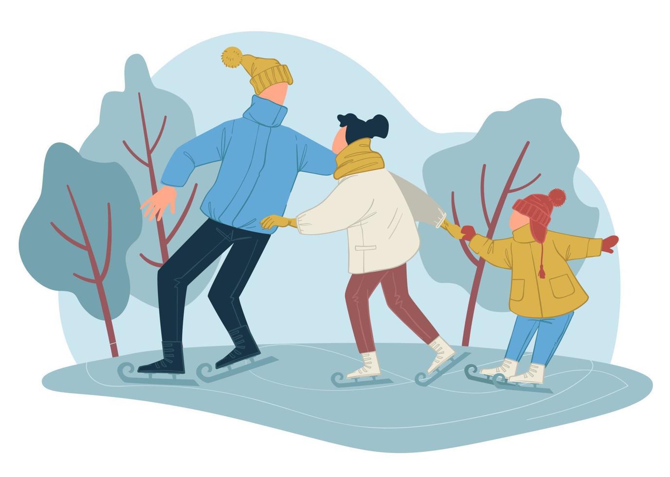 Parents and kid skating on ice rink in winter vector