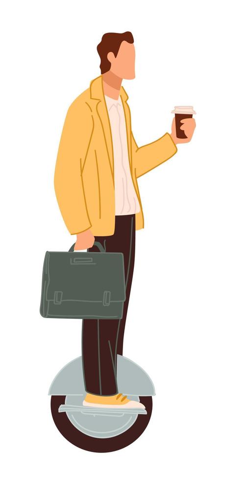 Man with coffee riding on gyroboard or scooter vector