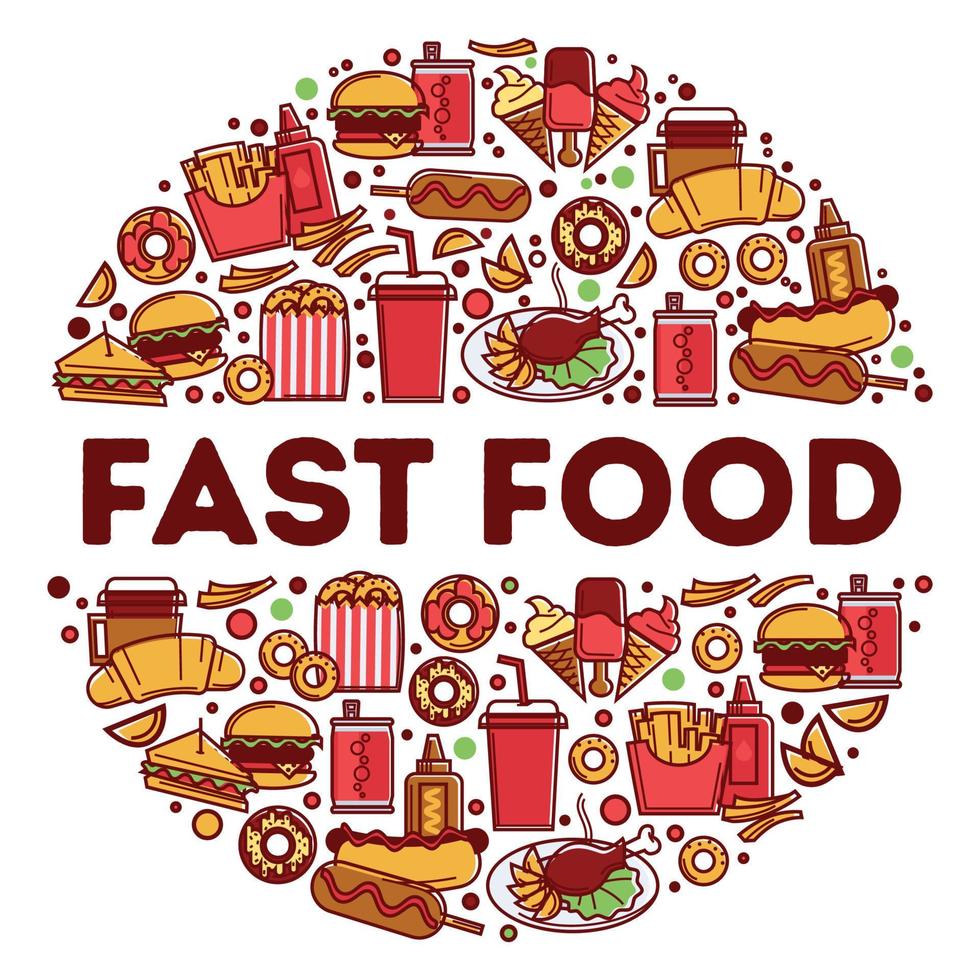 Fast food and beverages in circle, snacks drinks vector