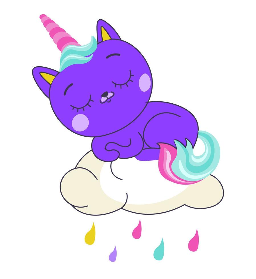 gatito unicornio durmiendo en la nube con gotas de lluvia vector