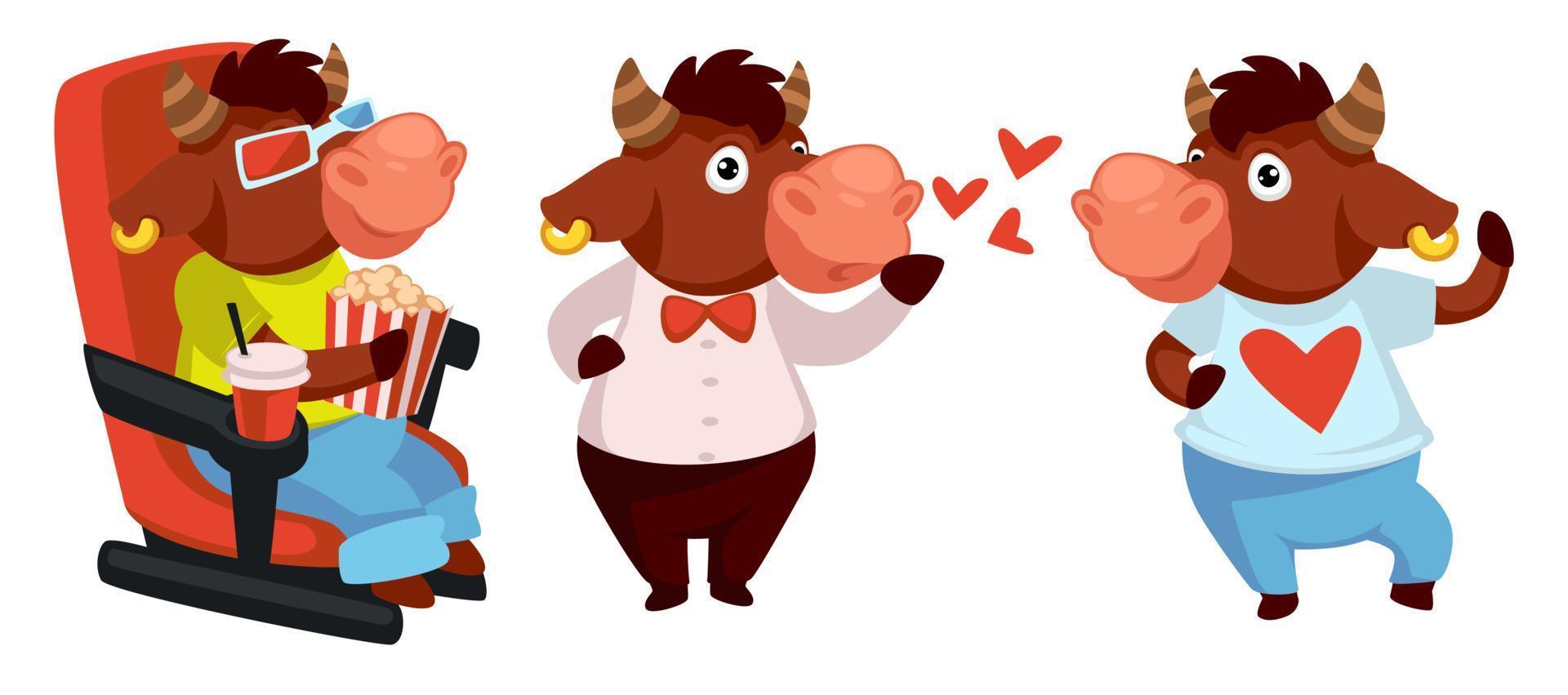 Funny bull character watching movie in cinema vector