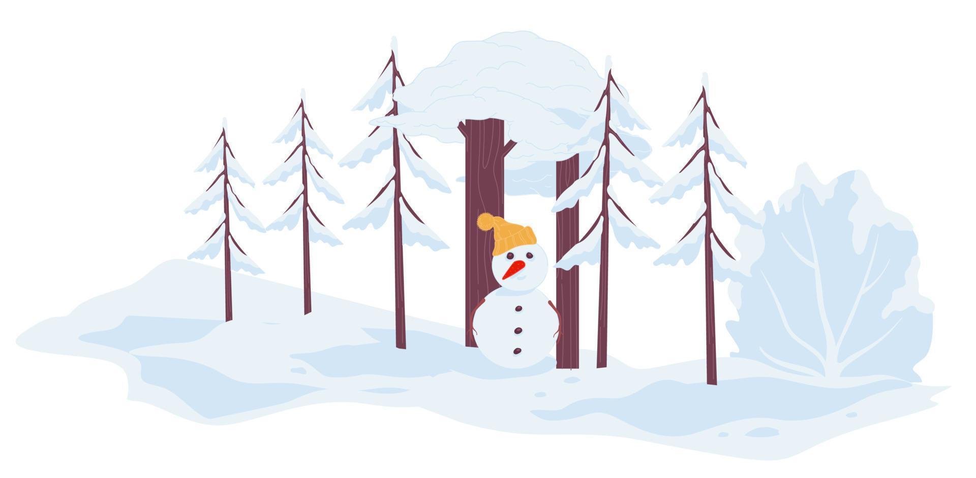 Snowy landscape with winter scape and snowman vector