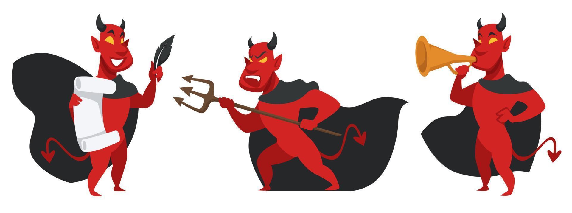 Evil devil character with hayfork and trumpet vector