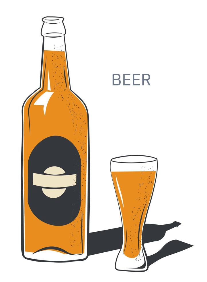 cerveza en botella, alcohol vertido en vector de vidrio