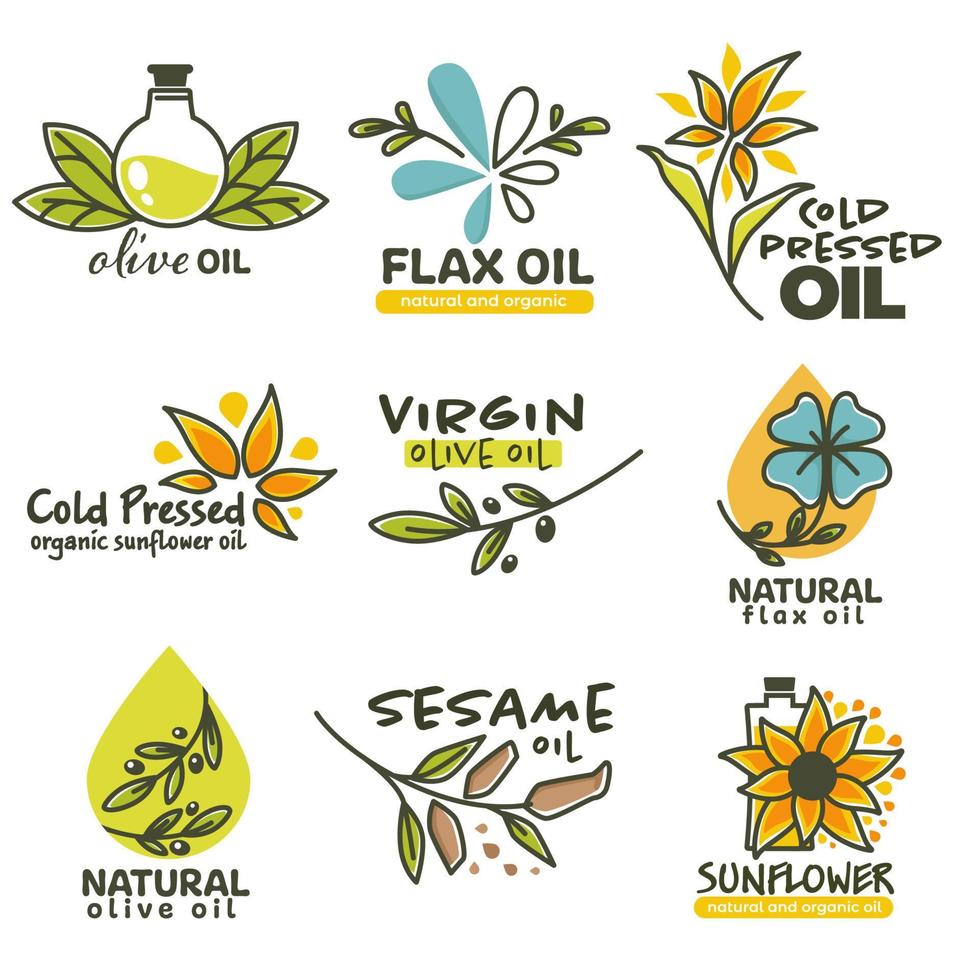Cold pressed oil, sunflower and flax seed vector