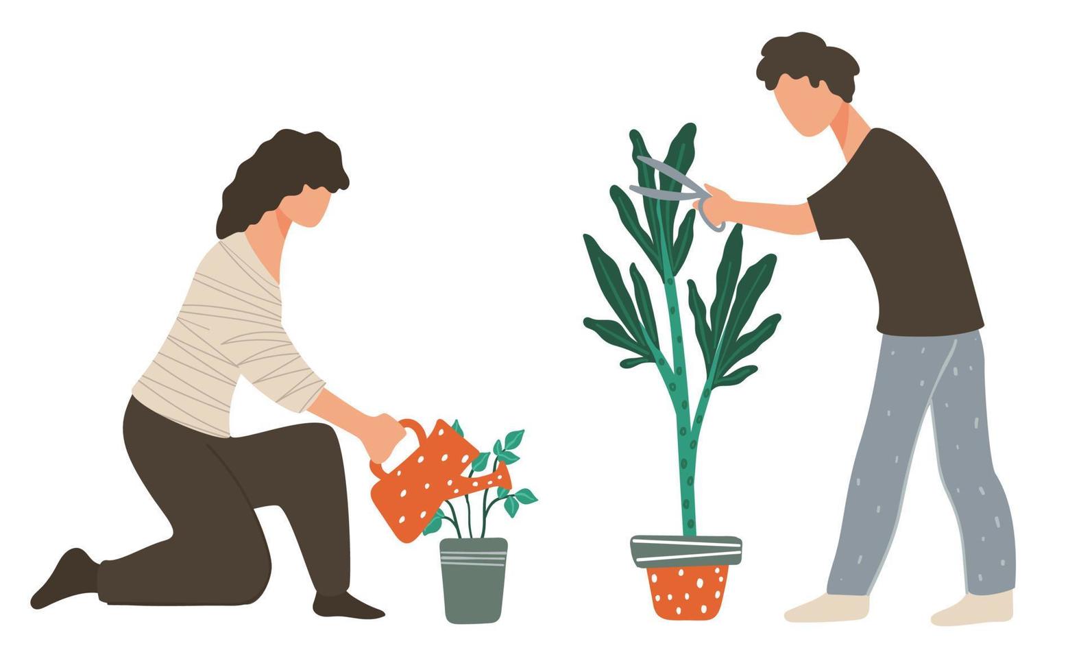 People caring for plants, watering and cutting vector