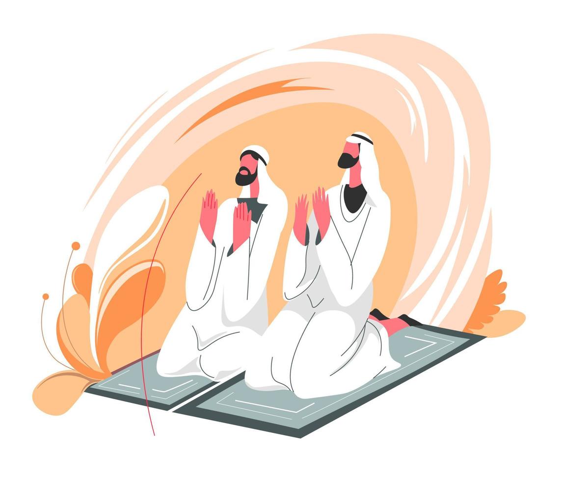 hombres musulmanes sentados en alfombras y orando vector