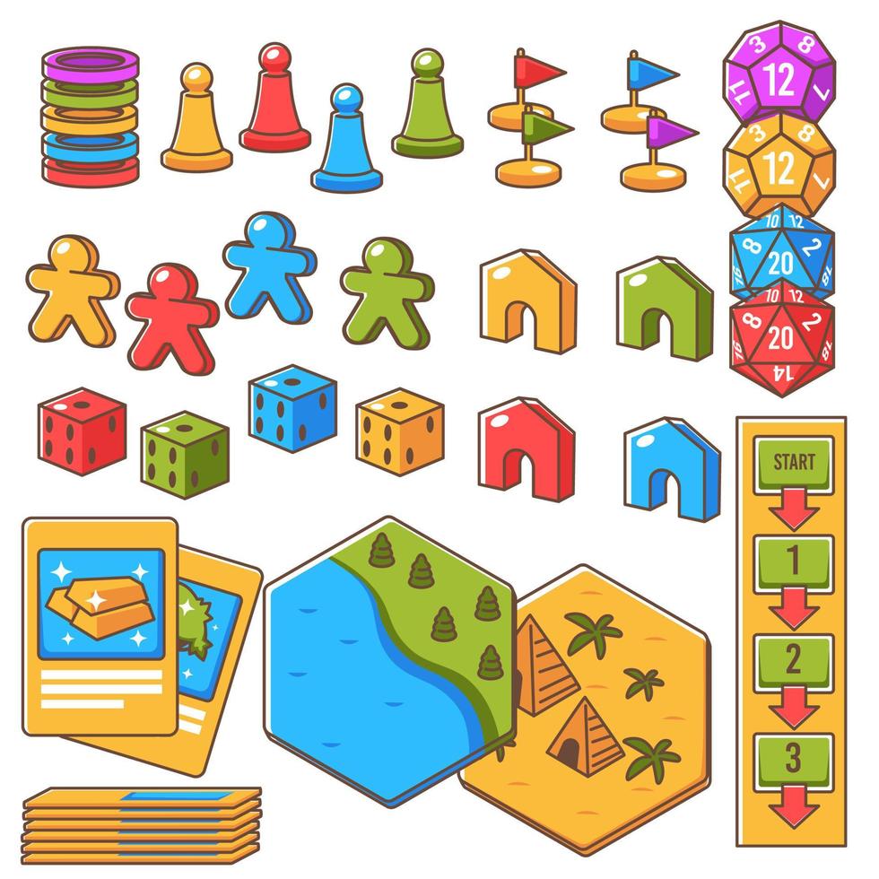 Board game set, figures with dices and play cards vector