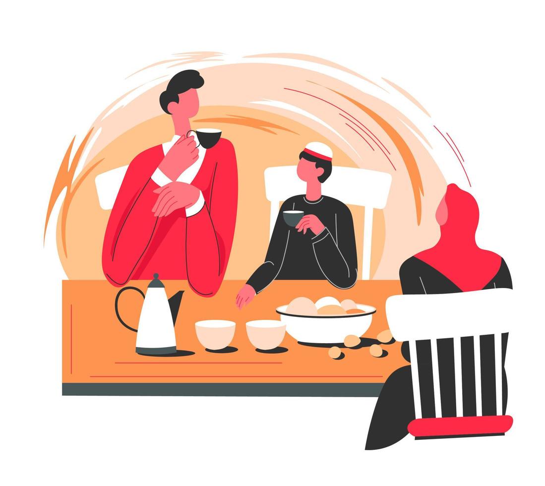 Muslim characters drinking tea or coffee by table vector