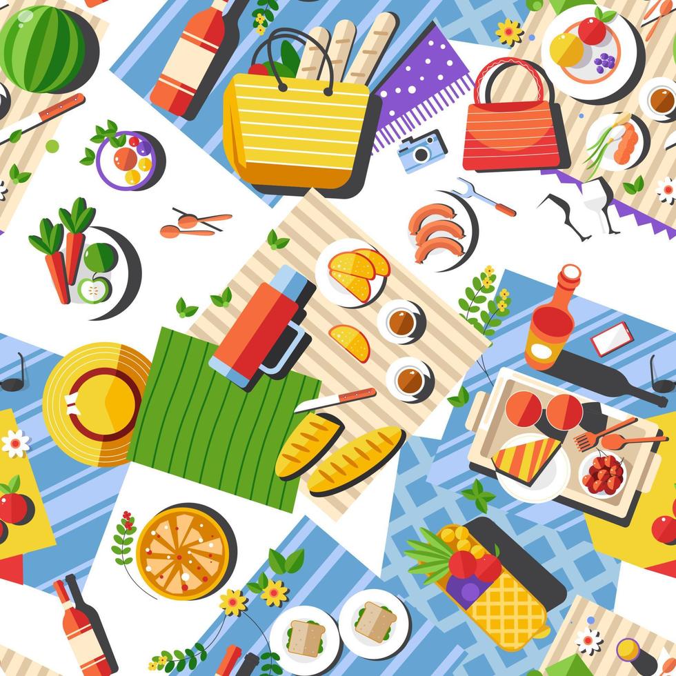 Picnic outside, tablecloth with food and clothes vector