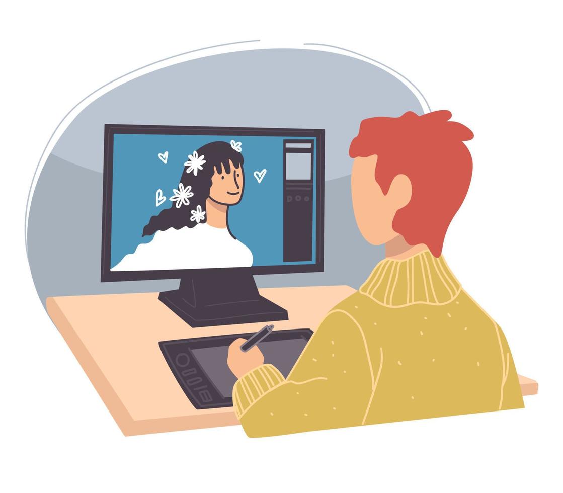 Graphic designer or retoucher drawing on computer vector