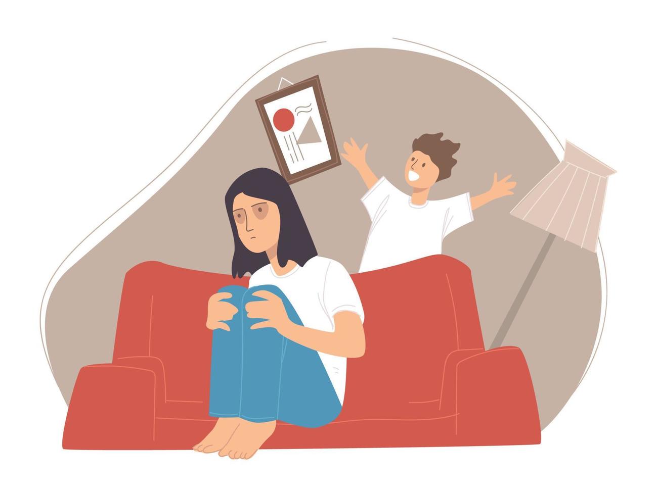 Depressed woman with sleepy eyes and happy son vector