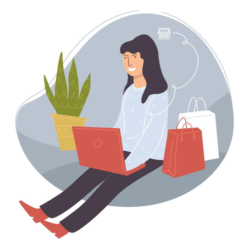 mujer comprando en línea, comprando productos en la web vector