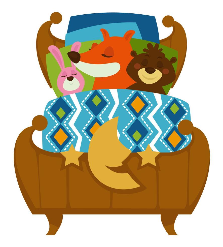 Animals sleeping in bed, fox and rabbit with bear vector