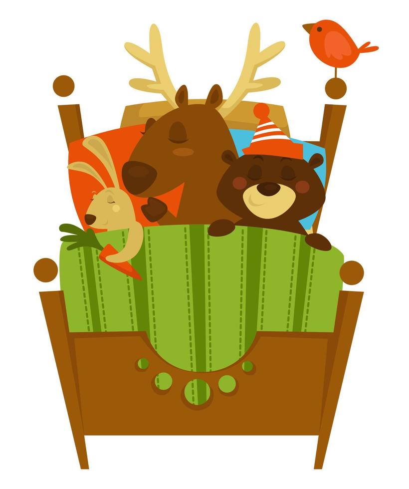 Sleeping woodland animals covered with blanket vector