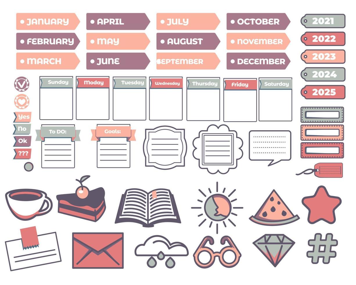 Calendar and decorative stickers labels for diary vector