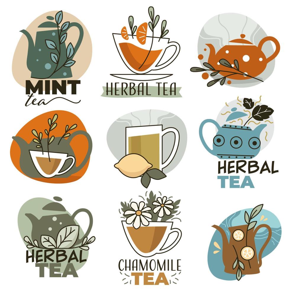 Herbal tea with mint and lemon, labels and emblems vector