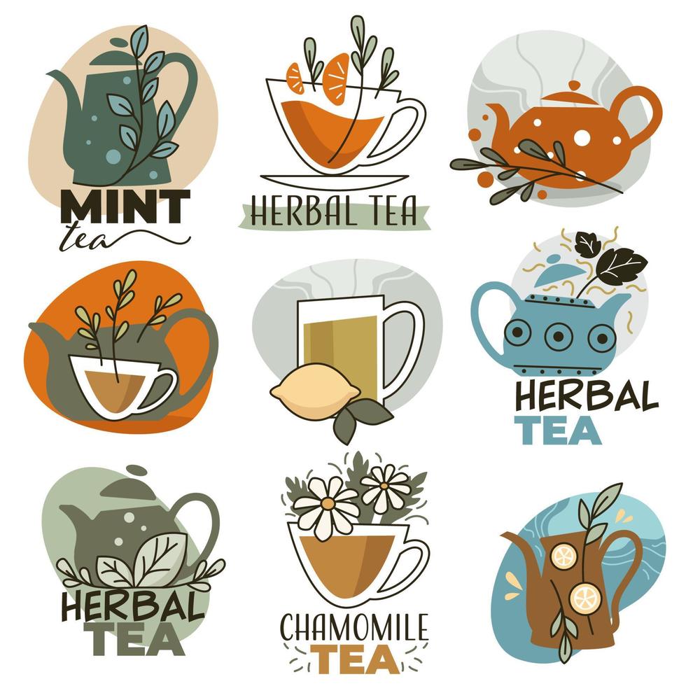 té de hierbas con menta y limón, etiquetas y emblemas vector